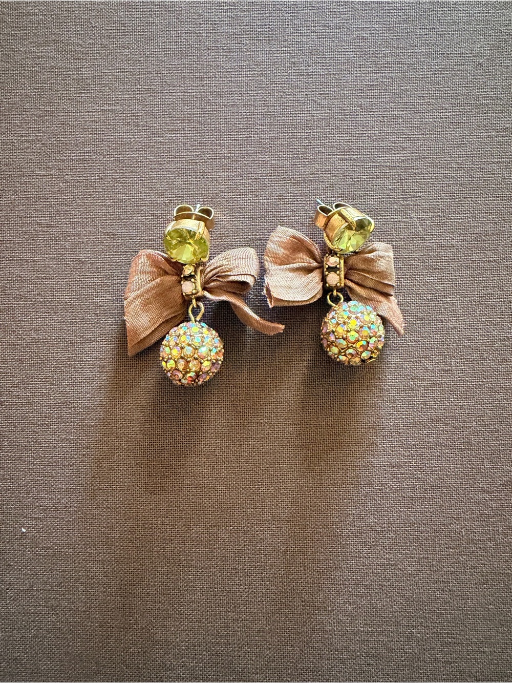 J. Crew Taupe and Green Pave Crystal Bow Earrings